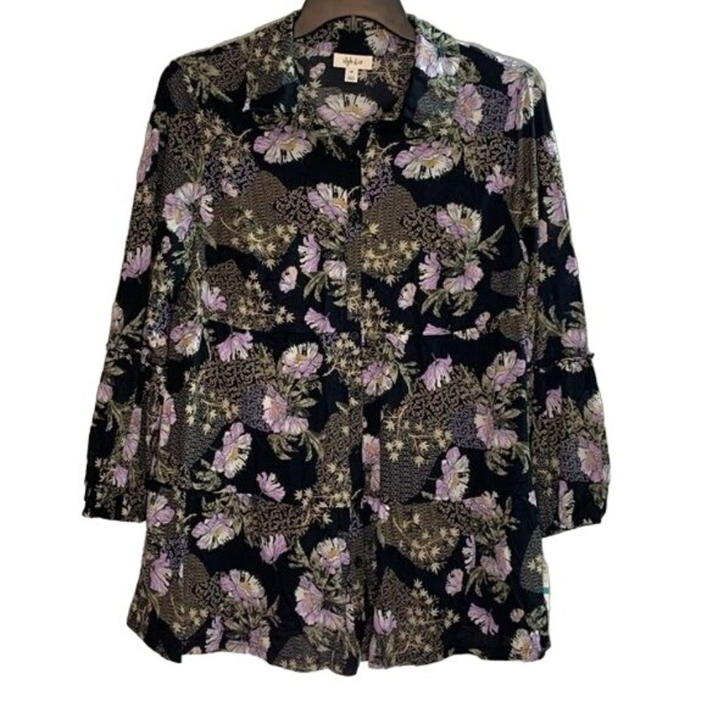 Style & Co - BOHO Tunic Floral Top - Purple Black - 0X
